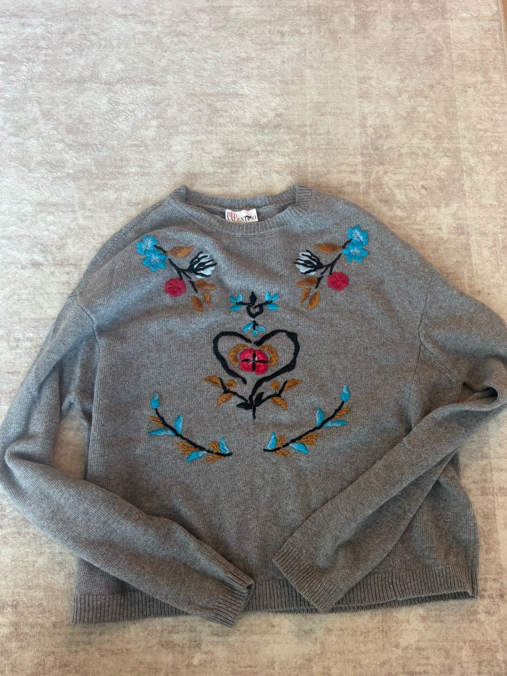 RED Valentino Gray Crewneck Sweater with Blue and Pink Floral Embroidery